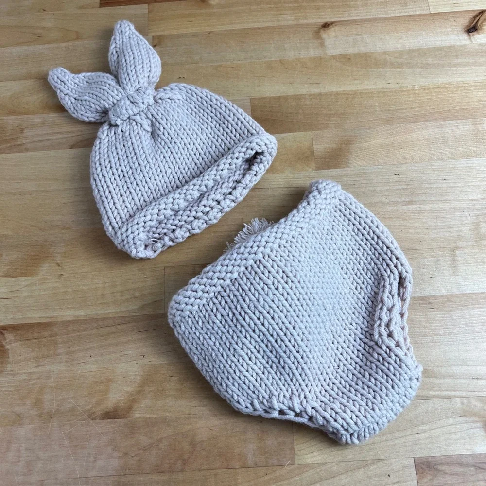Newborn Photography Knit Set Bunny Rabbit Ears Beanie Diaper Cover Baby Beige
